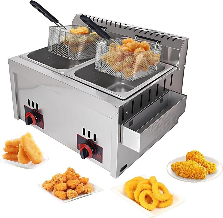 Gas Frituurpan Dubbele Frituurpan Professioneel Koken Roestvrij Staal 2x 10L Zilver