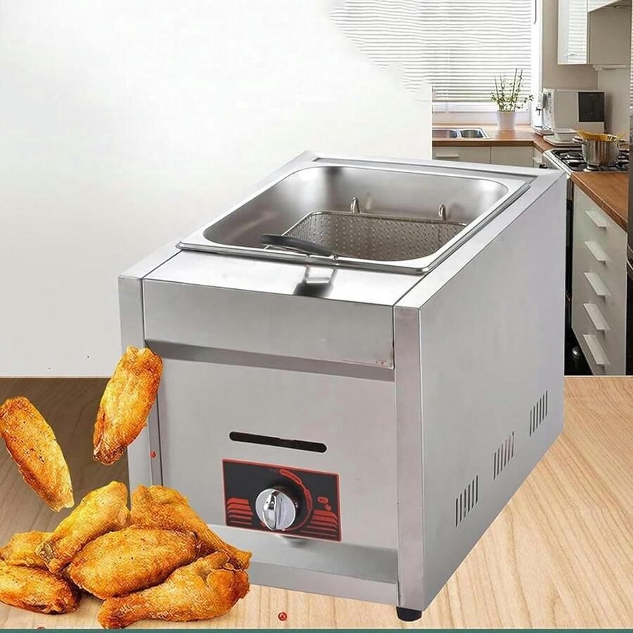 Gas Frituurpan Friteuse Enkele Cilinder Snel Frituren Snelle Verwarming 6L Enkele Mand Zilver