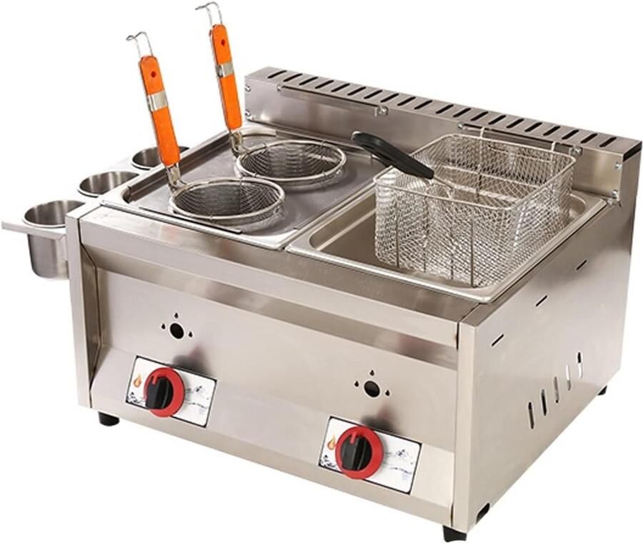 Gas Frituurpan Friteuse met Mand Professioneel Frituren Dubbele Roestvrijstalen Pan 55 x 44.5 x 34.8cm Wit