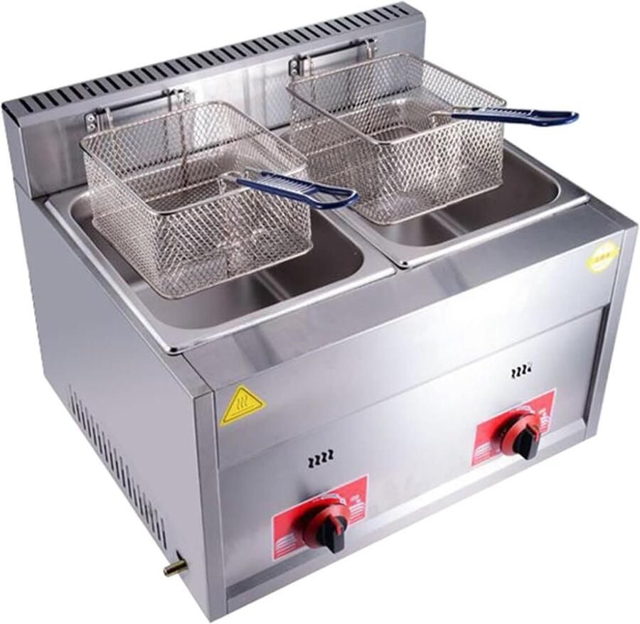 Gas Frituurpan Friteuse RVS Commercieel Frituren Gelijkmatige Verwarming 2x6L Zilver