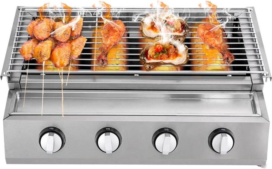 Gas Grill 4 Brander Kamado Grill Tafelgrill Buiten Koken Roestvrij Staal 54 x 24 cm Zilver
