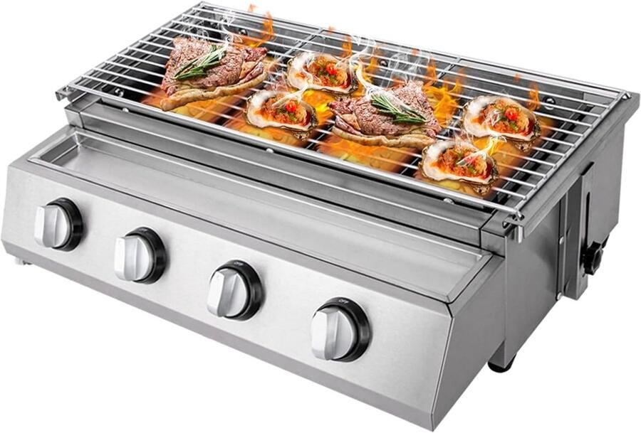 Gas Grill Buitenkeuken Buiten Koken 4 Onafhankelijke Branders 56 x 23 cm Zilverkleurig