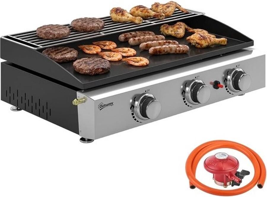 Gas Grill Plancha Draagbare BBQ Buiten Koken Drie Onafhankelijke Zones 62 x 44 x 21 cm
