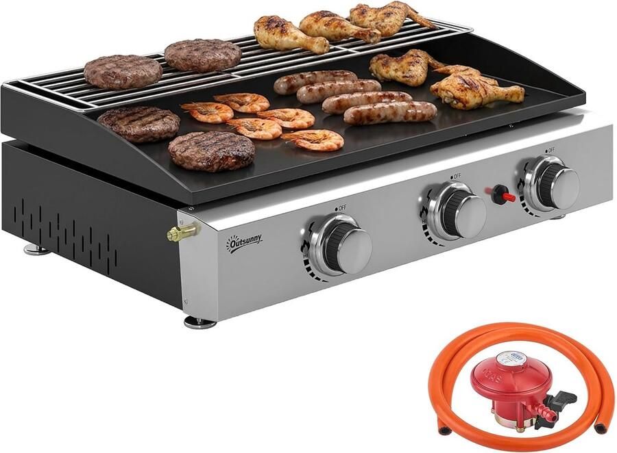 Gas Grill Plancha Draagbare BBQ Buiten Koken Drie Onafhankelijke Zones 62 x 44 x 21 cm