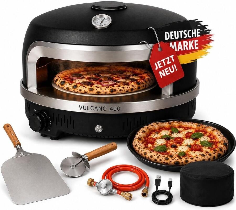 Gas Pizzaoven met Automatische Draaischijf – Outdoor Pizzaoven tot 400°C – 6 0 kW Gasbrander – Cordieriet Pizzasteen – USB-C – Inclusief Pizzaschep