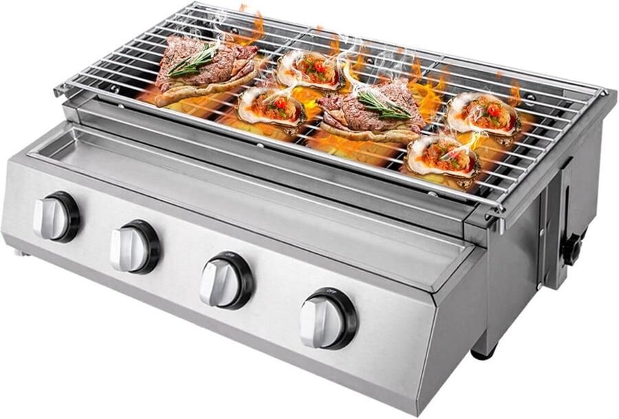 Gasbraadset Tafelgrill Buiten koken 4 Onafhankelijke branders 54x25 cm kookoppervlak Zilver