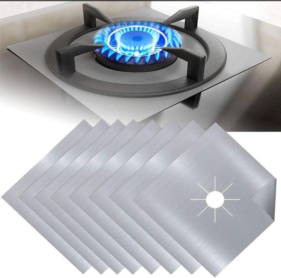 Gasfornuis Beschermers Fornuishoezen Teflon Koken Schoonhouden Antiaanbaklaag 8 stuks Zilver