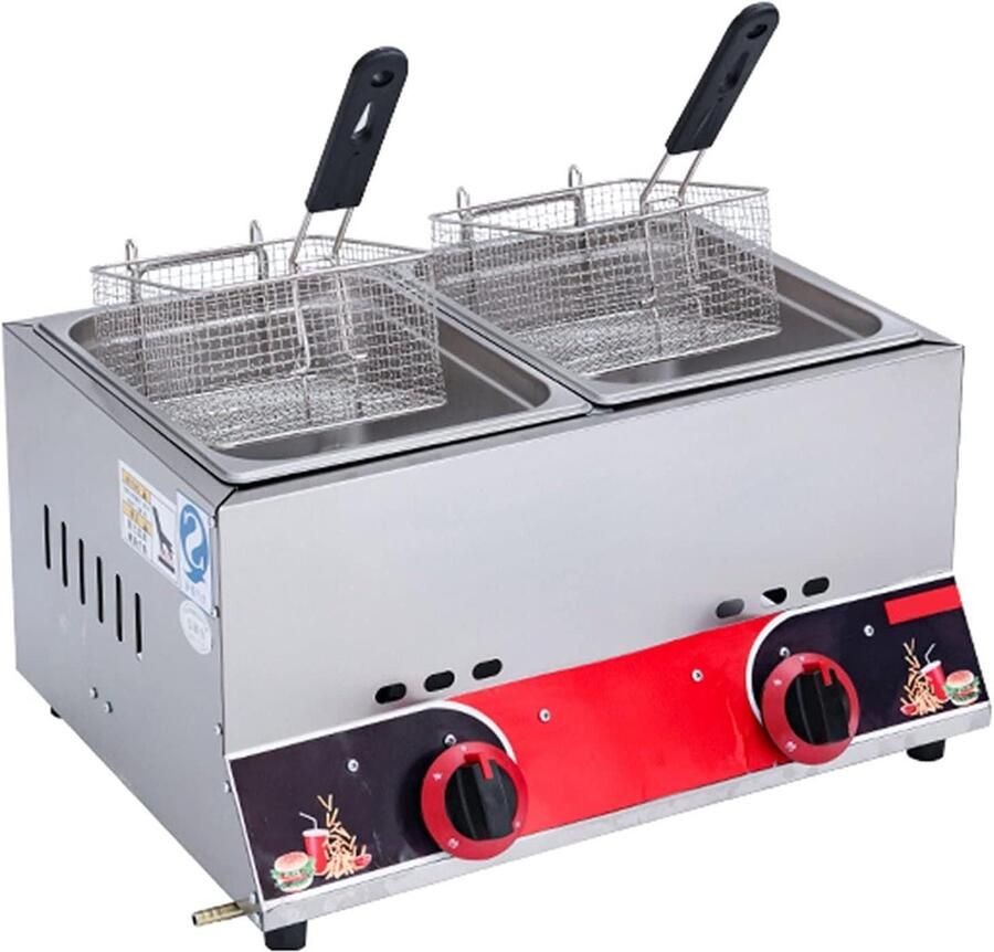 Gasfriteuse Dubbel Friteuse met manden Commercieel Frituren Grote Capaciteit 22L Zilver