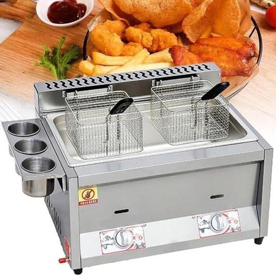 Gasfriteuse Dubbel Professionele Frituurpan Grote porties frituren Dubbele temperatuurregeling 18 liter Zilverkleurig