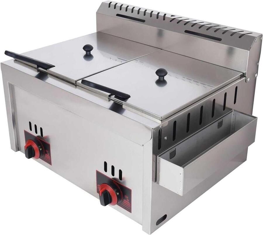 Dubbele Gasfriteuse Professionele Frituurpan Efficiënt Koken Roestvrijstalen Reservoir 20 Liter Olie Zilverkleurig