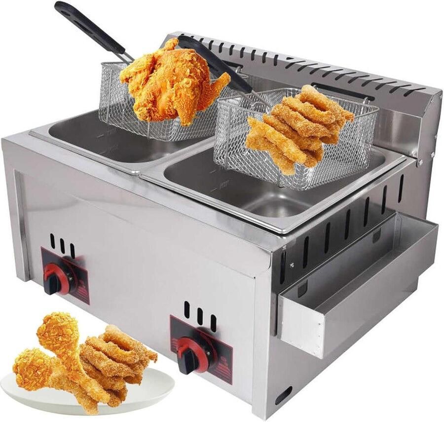 Gasfriteuse Dubbele Cilinder Professionele Frituurpan Commercieel Koken Hoog Rendement Verwarming 2x 10 Liter Zilver