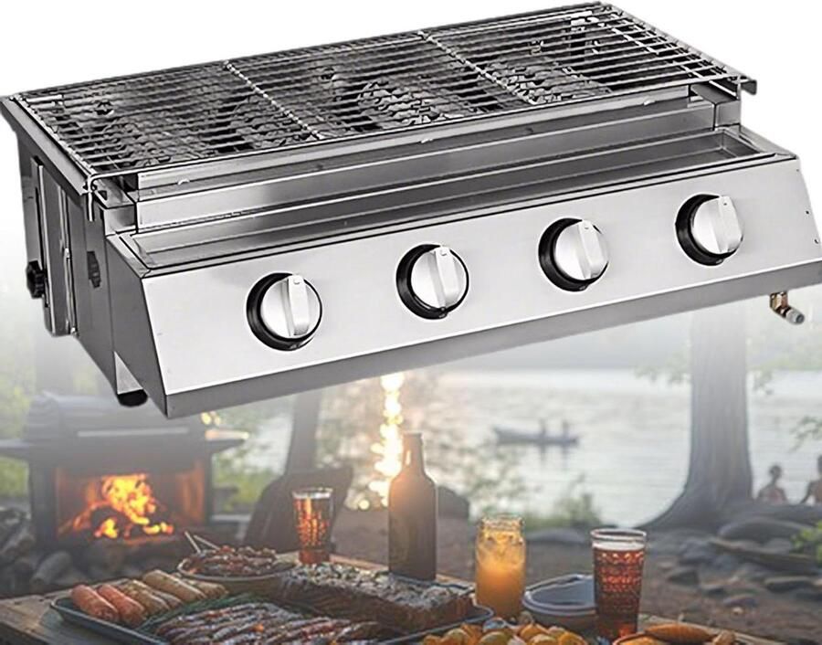 Gasgrill 4-brander LPG barbecue Buiten koken Snelle verwarmingstechnologie Ruime kookruimte Zilver