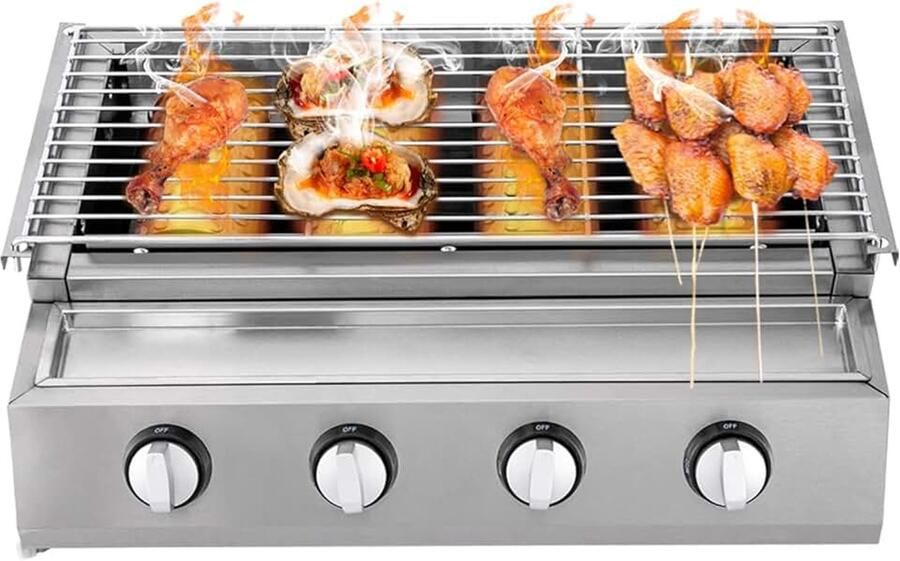 Gasgrill 4 branders roestvrij staal tafelgrill in hoogte verstelbaar roestvrij staal tafel gasgrill camping BBQ 58 x 40 x 20 cm