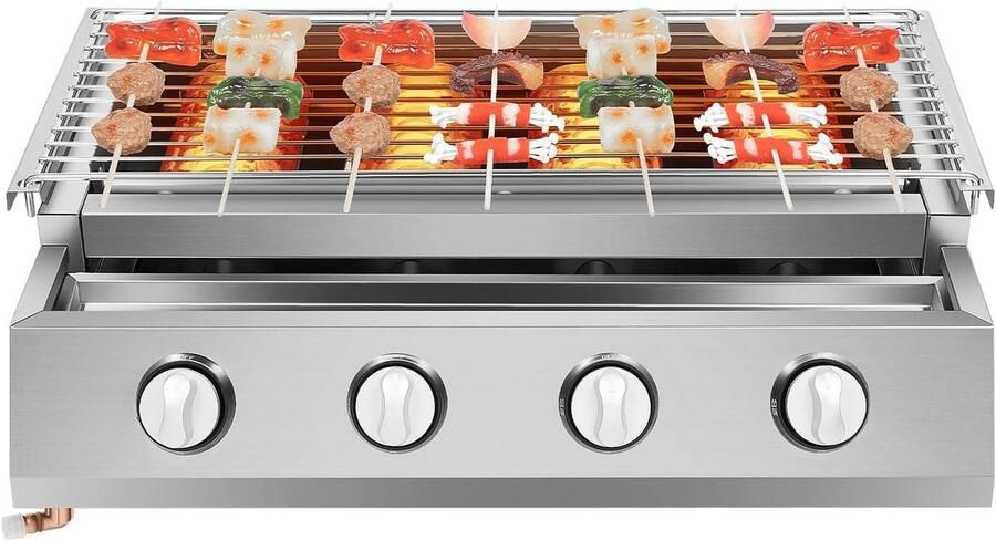Gasgrill 4 Branders Tafelbarbecue Roestvrij Buiten Koken Instelbare Hoogte 57 x 39 x 17.5 cm Zilver