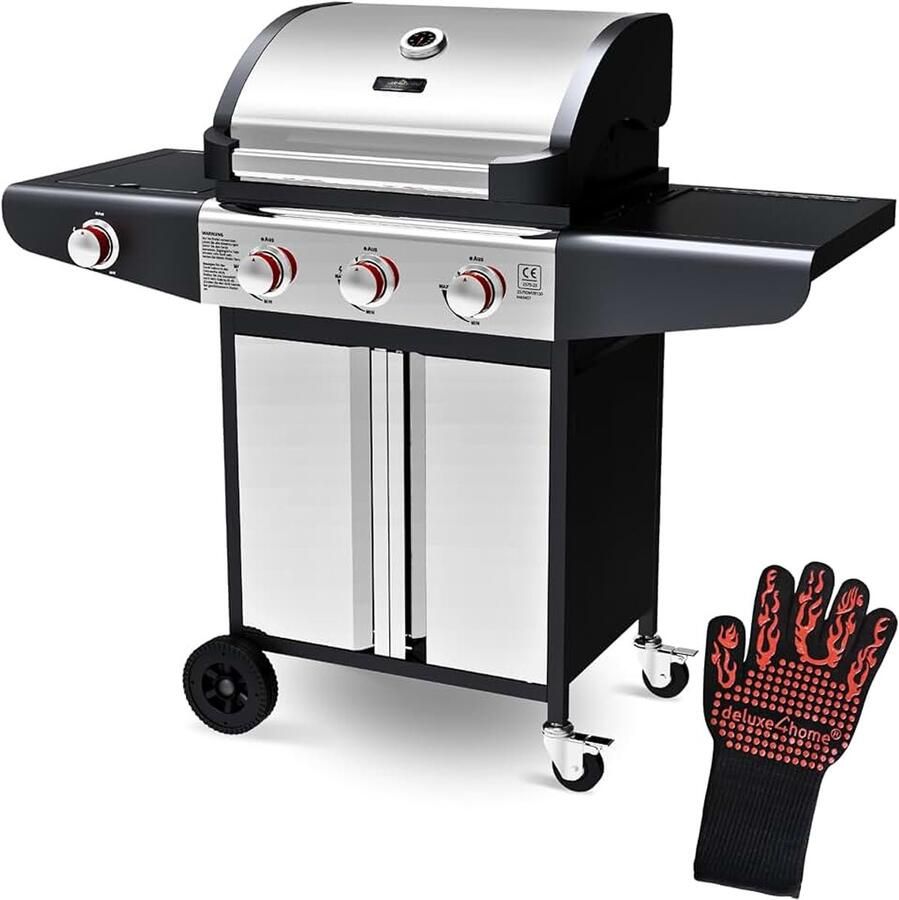 Gasgrill BBQ grillwagen met deksel 3+1 zijbranders XXL grill rolbaar zijopbergvak incl. grillhandschoen en grillthermometer rolgrill standgrill