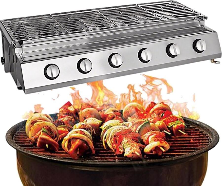 Gasgrill met Bakplaat Rookvrije Barbecue Buiten Koken Groot Kookoppervlak 6 Brander Zilver