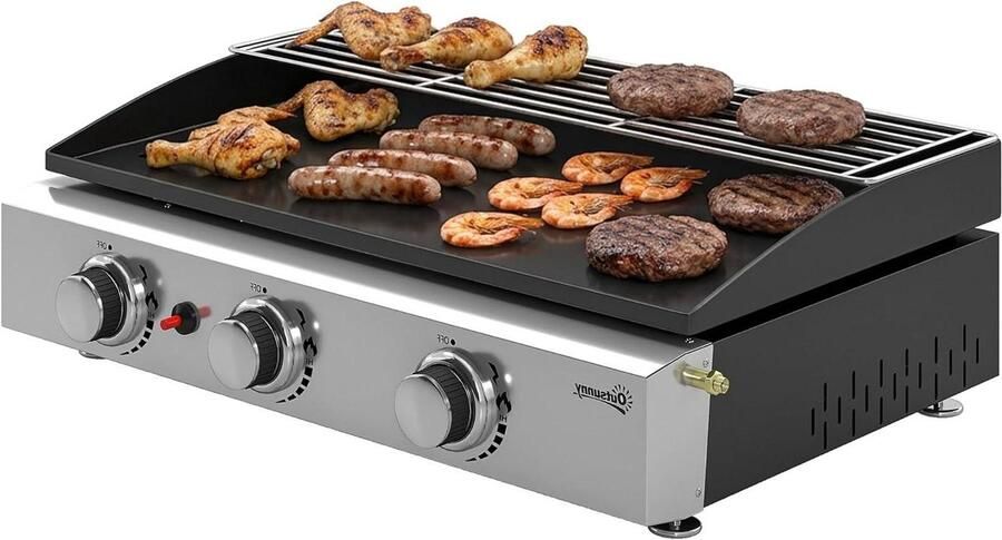 Gasgrill met bakplaat Tafelgrill buitenkeuken Buiten koken Drie aparte zones 2100 cm² kookoppervlak Zwart