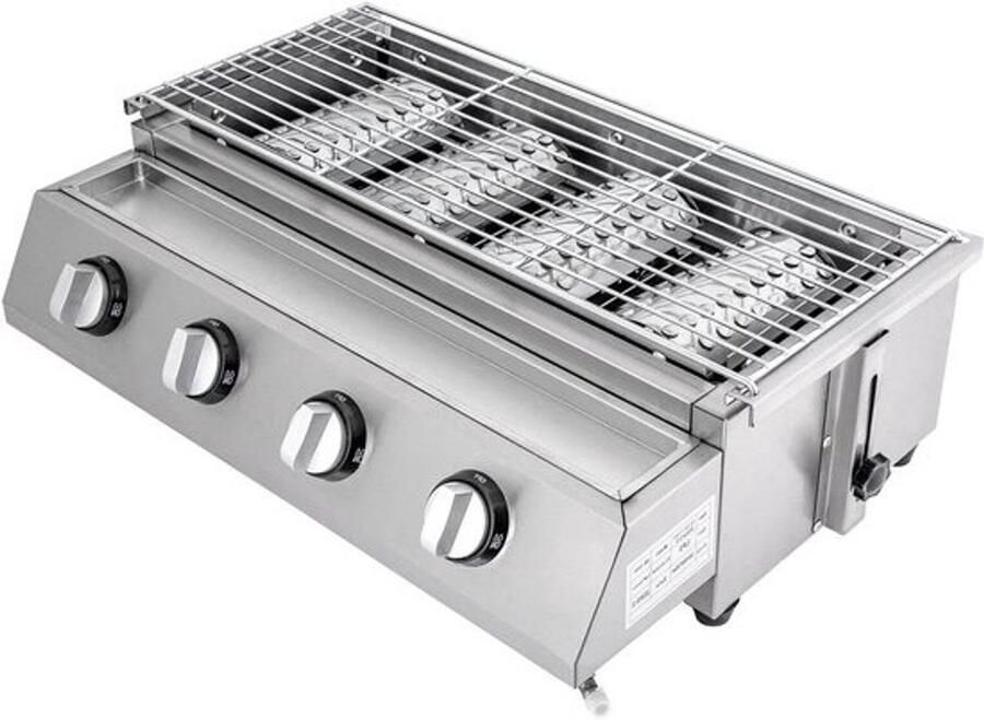 Gasgrill Roestvrij Tafelgrill Buiten Lekker Grillen 4 Onafhankelijke Brander 54 x 25 cm Kookoppervlak Zilver