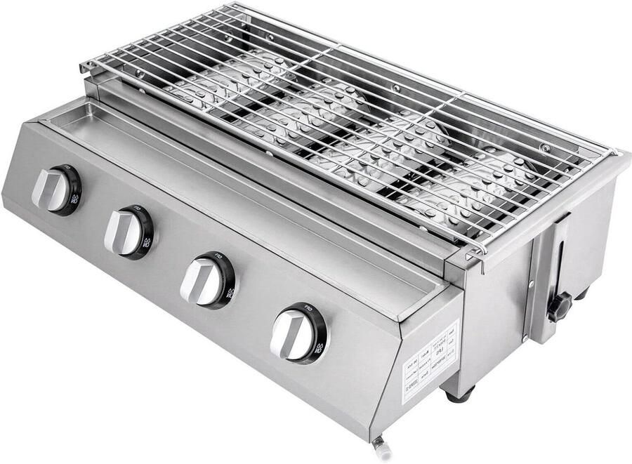 Gasgrill Roestvrij Tafelgrill Buiten Lekker Grillen 4 Onafhankelijke Brander 54 x 25 cm Kookoppervlak Zilver