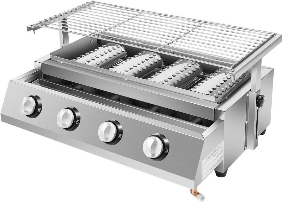 Gasgrill Roestvrijstaal Tafelgrill Braadpan Buiten Koken 4 Infrarood Branders 55x23 cm Grill Zilver