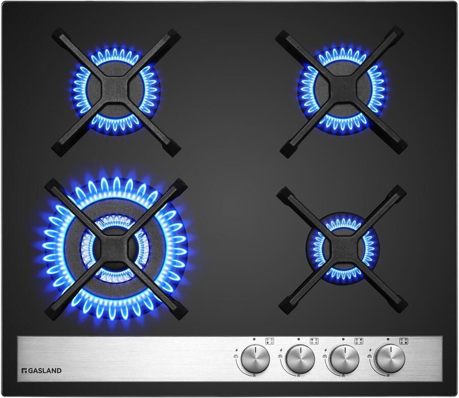 Gaskookplaat 4 Pits – 8000W – Wokbrander – Vlambeveiliging – Aardgas en LPG – 60 cm Zwart Glas