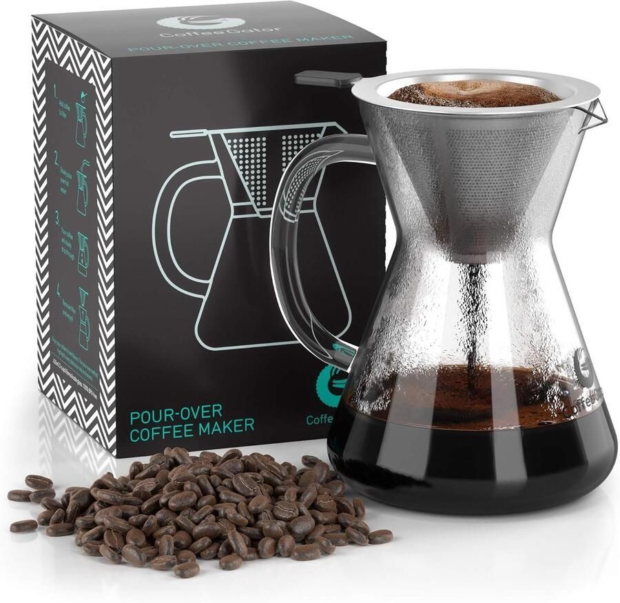 Gator Koffiezetapparaat met schenktuit 414 ml hoog warm borosilicaatglas met herbruikbaar roestvrijstalen filter koffie-infuser karaf 400 ml transparant