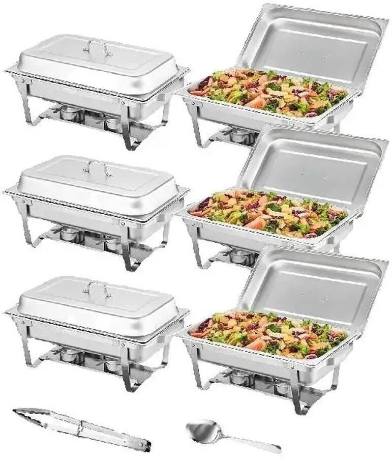 GDE ServePro Chafing Dish Set 6 Stuks RVS Warmhoudbakken Inclusief Opscheplepel en Tang