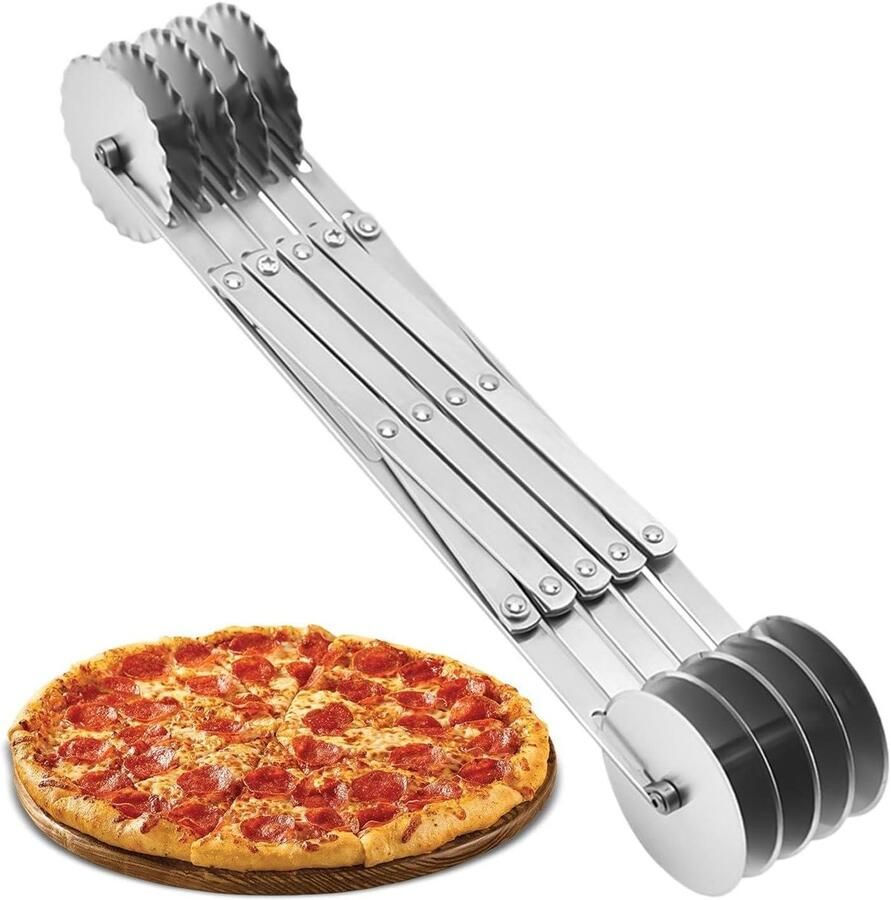 Gebaksnijderwiel Deegroller Pizza Snijder Taarten en Pizza Snijden Verstelbare Snijbreedtes 33L x 5W cm Zilver