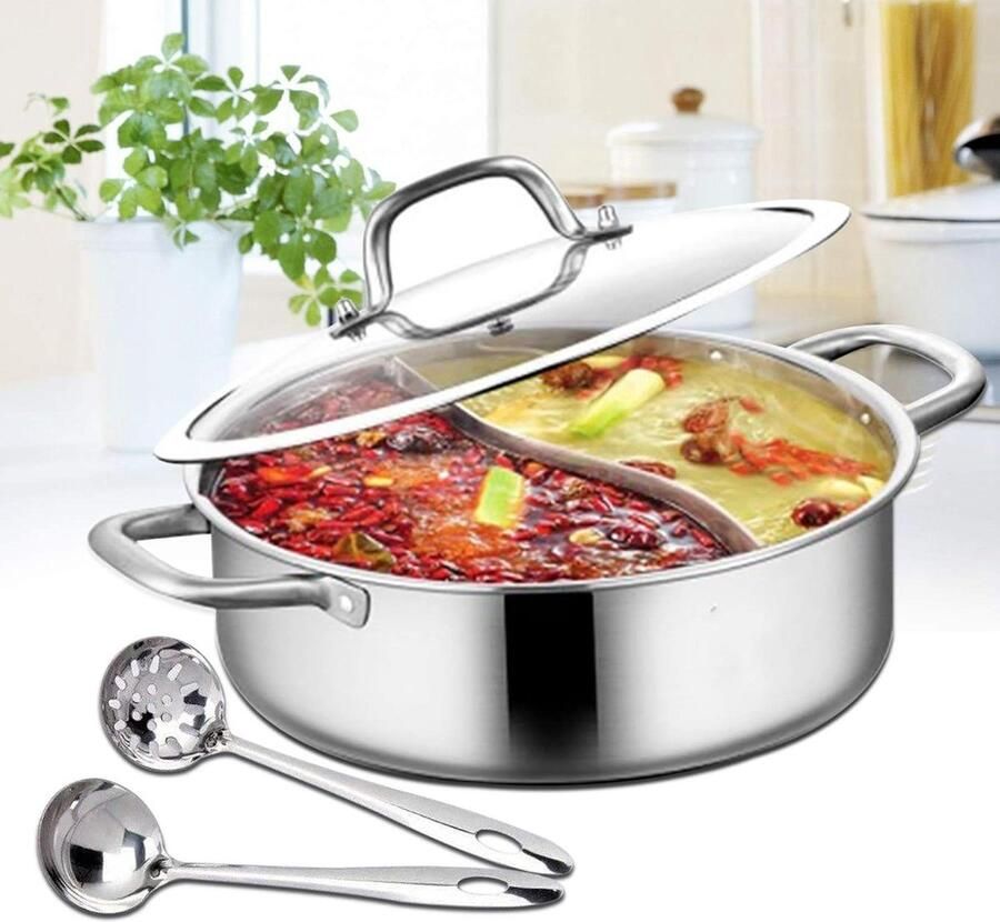 Gedeelde Hot Pot Pan Dubbelzijdige Soeppan Twee Smaken Koken Voedselveilig Roestvrij Staal 28 cm Zilver