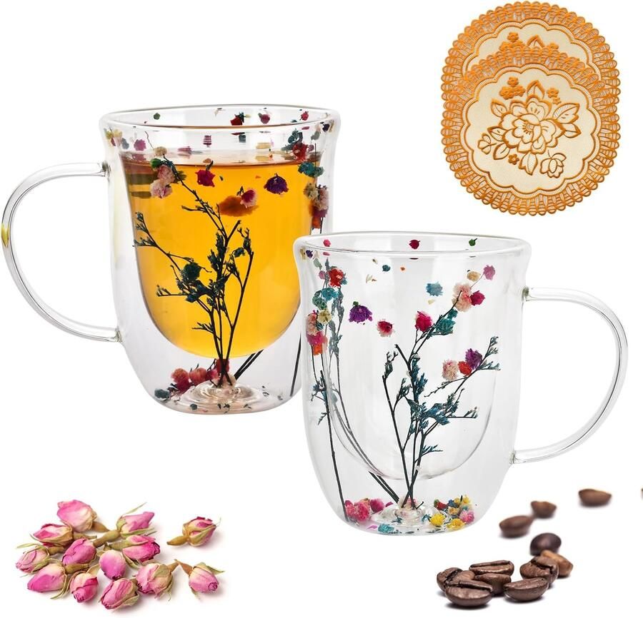 Gedroogde bloemen set van 2 320 ml dubbelwandig glas met handvat droogbloemen ornament glas voor koffie thee melk feest (met mooie bekermat)