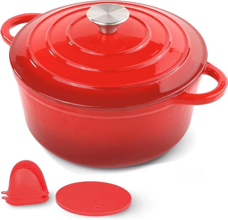 Geëmailleerde Braadpan Gietijzeren Pan Nederlandse Oven Gezinsmaaltijden Bereiden Grote Capaciteit 6 Kwarts Rood
