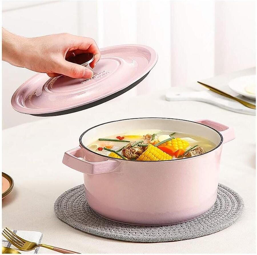 Geëmailleerde braadpan Gietijzeren pan Stoofschotels bereiden Gelijkmatige warmteverdeling 2.5 Liter Roze