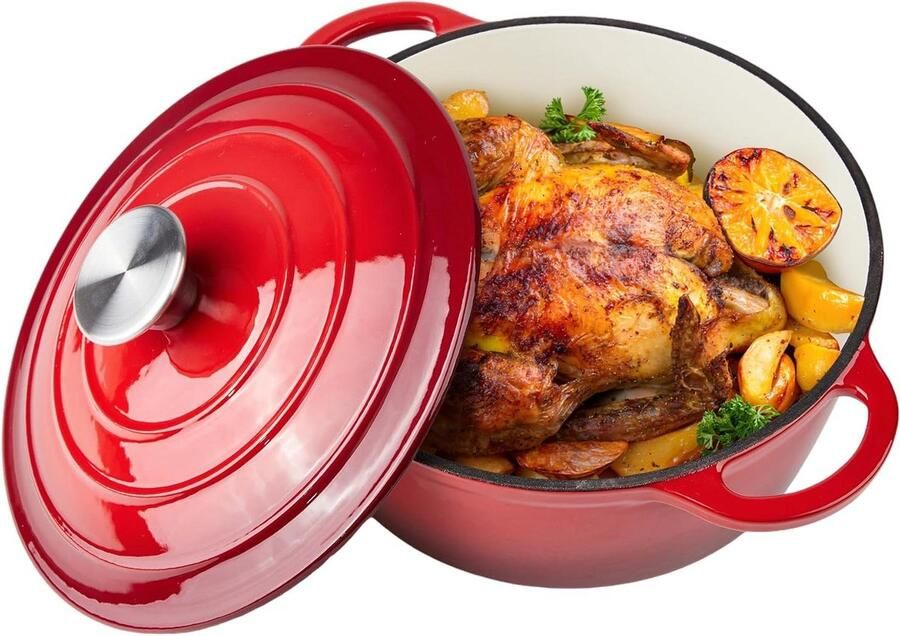 Geëmailleerde Braadpan Gietijzeren Pan Stoofschotels Maken Luchtdicht Deksel 65 liter Rood