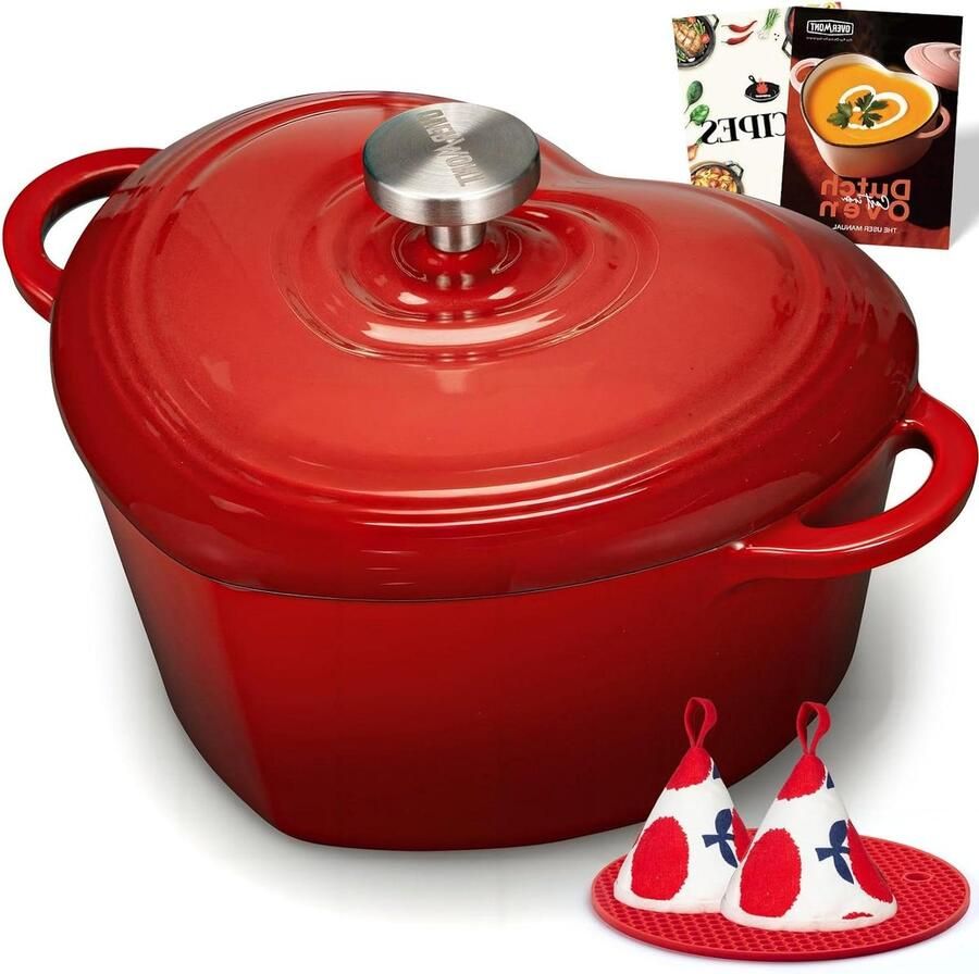 Geëmailleerde Braadpan Gietijzeren Pot Hartvorm Koken met Liefde Gelijkmatige Warmteverdeling 2 Quarts Rood