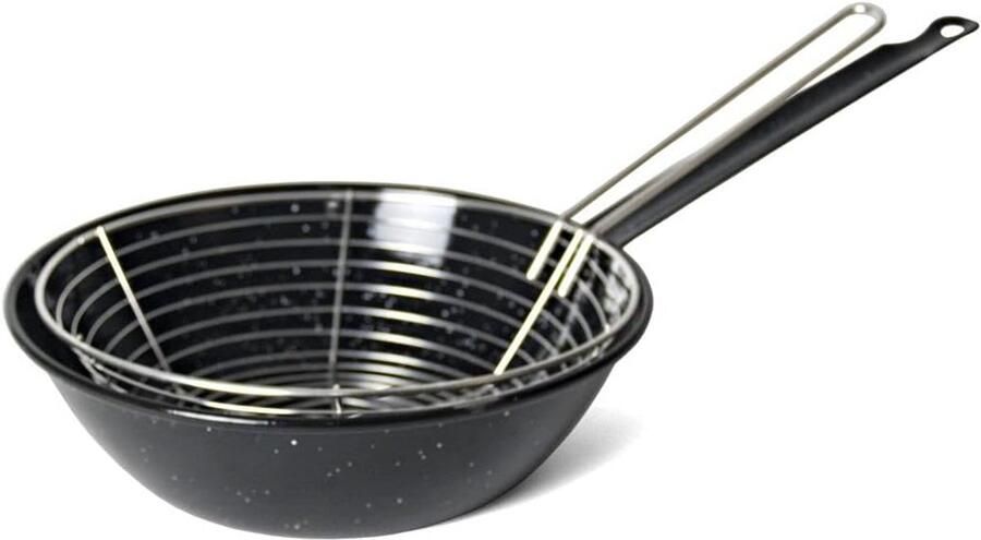 Geëmailleerde braadpan Koekenpan met mand Lekker koken Glasachtig glazuur 26 cm Zwart