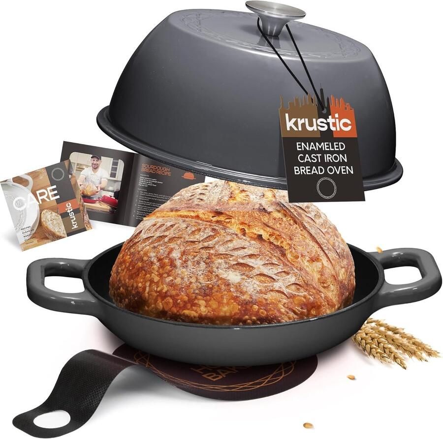 Geëmailleerde Dutch Oven Gietijzeren pot Zuurdesem brood bakken Uniek koepelvormig deksel 6 Liter capaciteit Grijs
