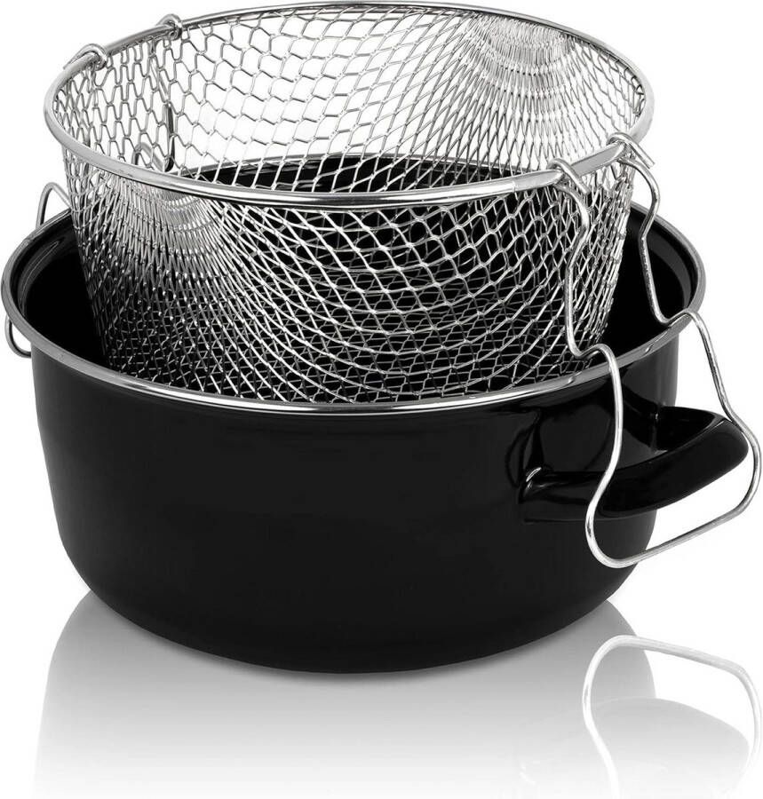 Geëmailleerde frites-pan met chroom rand en zeefinzetstuk 24 cm perfecte warmtegeleiding frituurpan voor friet en calamares