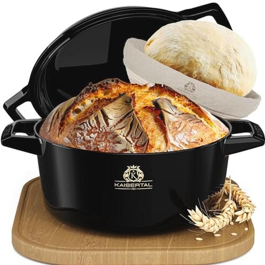 Geëmailleerde gietijzeren broodpan met deksel 26 cm inclusief gistmand Perfect voor thuis bakken