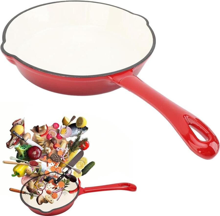 Geëmailleerde Koekenpan Gietijzeren Pan Koken en Braden Gelijkmatige Warmteverdeling 20cm Diameter Zwart