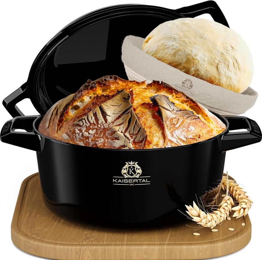 Geëmailleerde Pan Broodbakvorm Gietijzer Vers Brood Bakken Incl. Gaarmand 26 cm Diameter Zwart