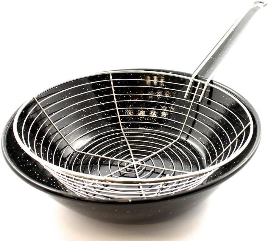 Geëmailleerde Pan Frituurpan Lekker Frituren Inclusief Frituurmand 24 cm Zwart