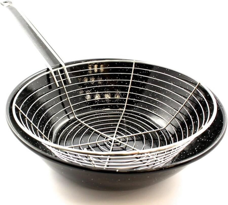 Geëmailleerde Pan met Frituurmand 24 cm – Geschikt voor Inductie Gas Keramiek en Elektrisch – Zwart