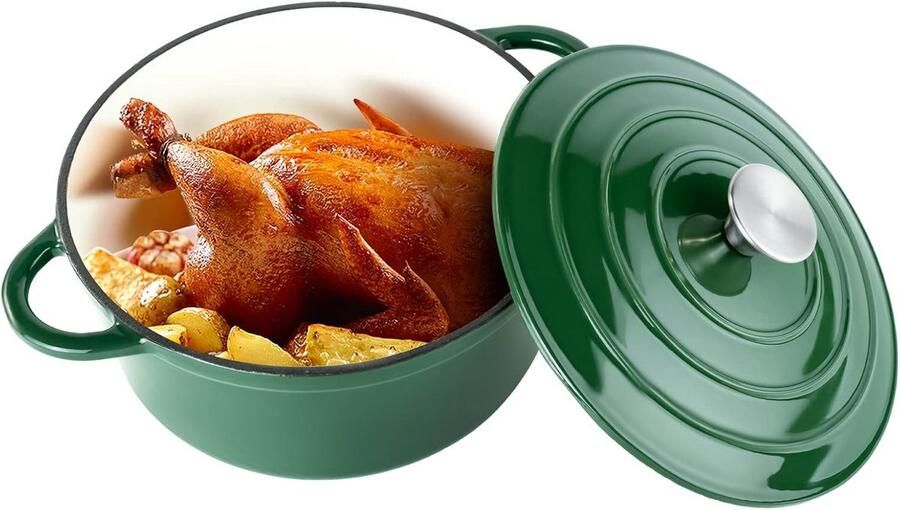 Geglaceerde Braadpan Gietijzeren Pan Langzaam Garen Circulerende Warmte 4.5 Liter Groen