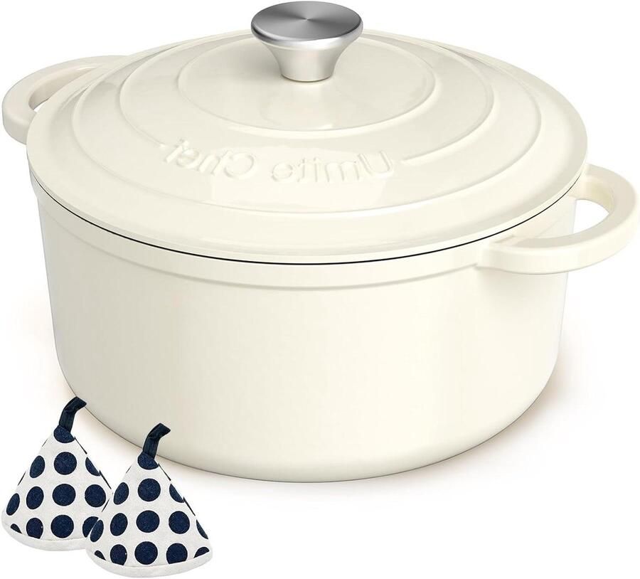 Geglazuurde Gietijzeren Pan Stoofpan Braadpan Langzaam Garen Gelijkmatige Warmteverdeling 5 Liter Crème Wit