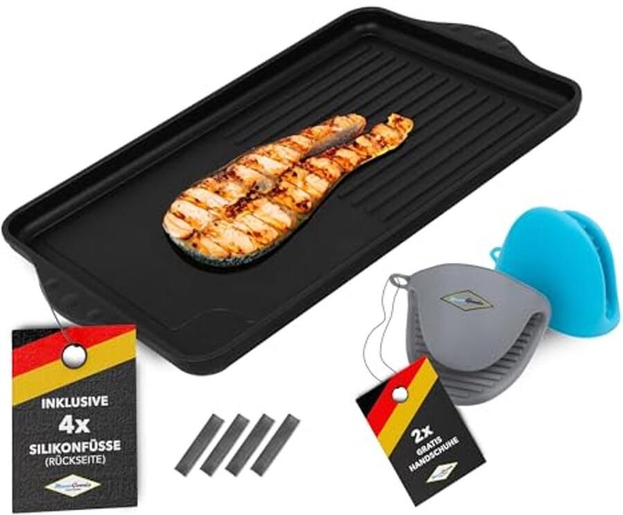 Gegoten aluminium grillplaat 43 x 28 x 2 cm half glad geribbeld voor inductie en alle kookplaten keramisch en PFOA-vrij