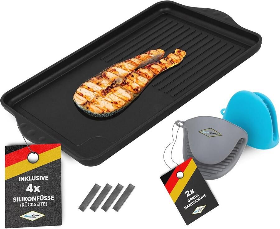 Gegoten aluminium grillplaat 43 x 28 x 2 cm half glad geribbeld voor inductie en alle kookplaten keramisch en PFOA-vrij