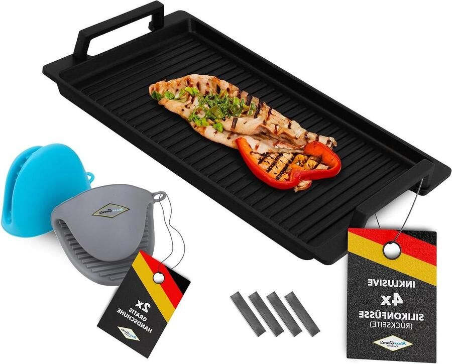 Gegoten Aluminium Grillplaat Geribbelde Pan Lekker Grillen Antiaanbaklaag 41 x 24 cm Zwart