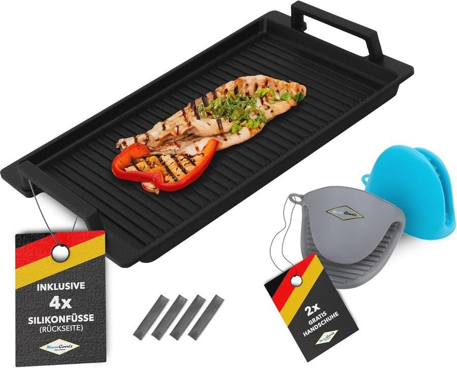 Gegoten aluminium grillplaat met zijgrepen geribbeld 41 x 24 x 2 5 cm geschikt voor inductie en alle gangbare kookplaten keramisch oppervlak anti-aanbaklaag PFOA-vrij