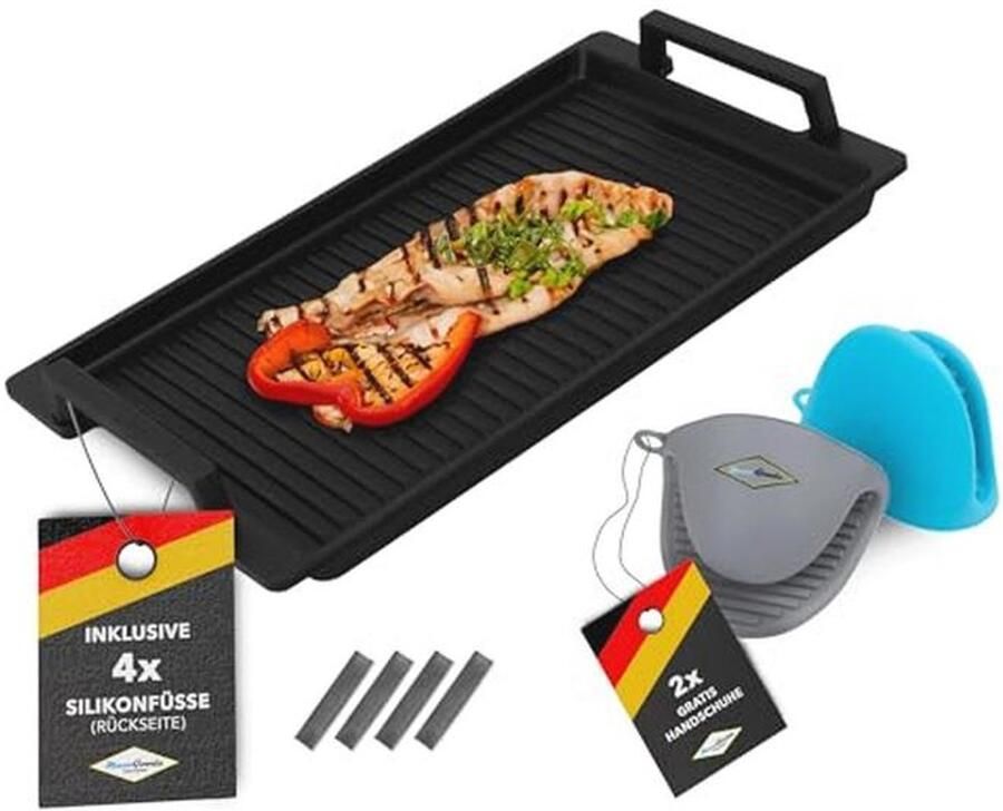 Gegoten aluminium grillplaat met zijgrepen geribbeld 41 x 24 x 2 5 cm geschikt voor inductie en alle gangbare kookplaten keramisch oppervlak anti-aanbaklaag PFOA-vrij