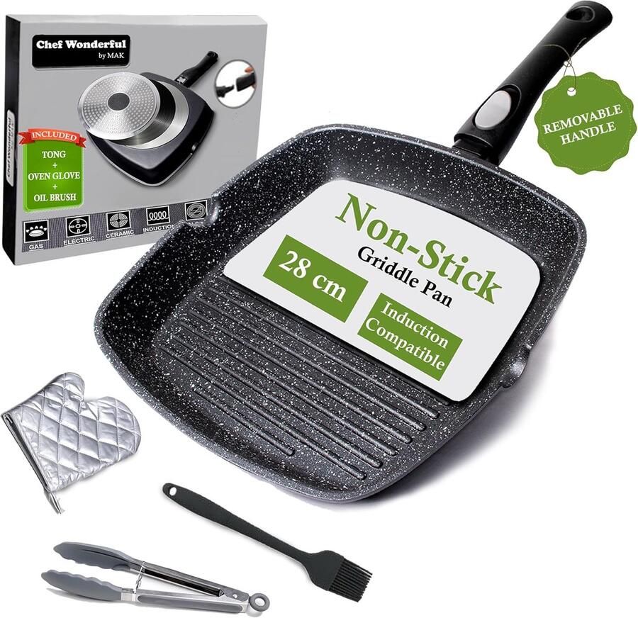 Gegoten Aluminium Pan Grillplaat Plaat Gezond Koken Afneembaar Handvat 28 cm Zwart